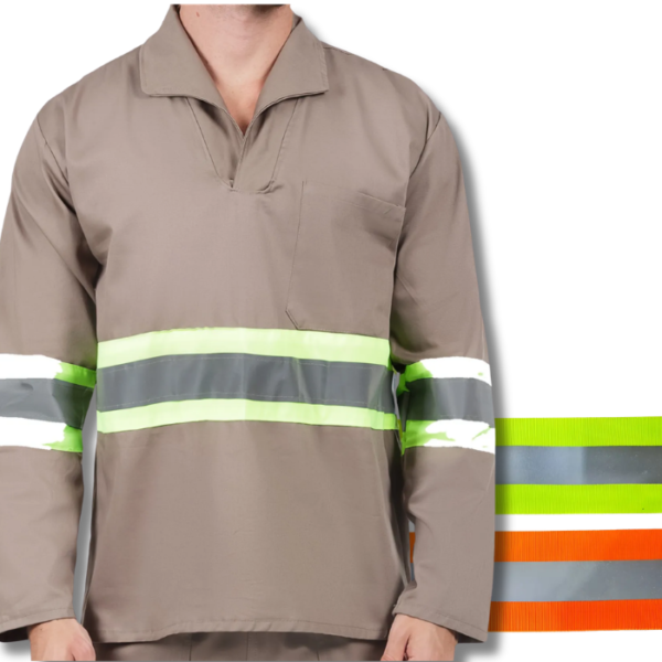 CAMISA EM BRIM MANGA LONGA GOLA ITALIANA CINZA COM FAIXA REFLETIVA